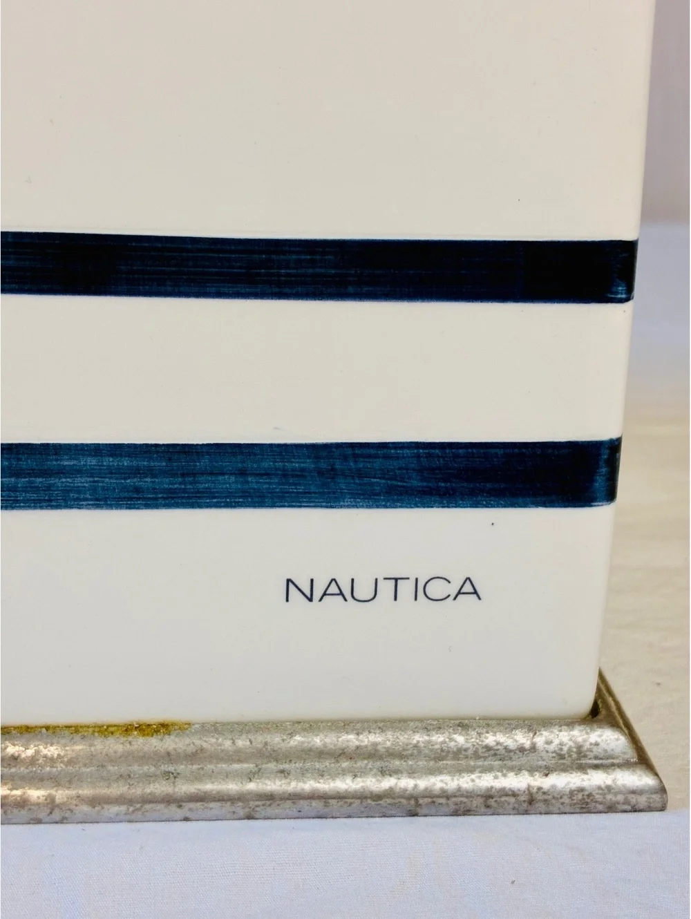 Nautica Ceramic Tissue Box Cover with Blue Stripes and Silver Base